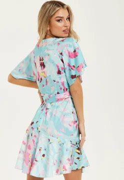 Women's Mini Dress in Blue with Short Sleeves, Abstract Print Wrap Style, Elegant Tie Waist - Liquorish