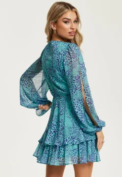 Women's Mini Dress in Blue with Long Sleeves and Knot Front Detail - Stunning Leopard Print by Liquorish
