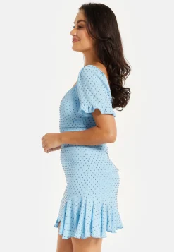 Women's Mini Dress in Blue with Polka Dot Print and Frill Detail