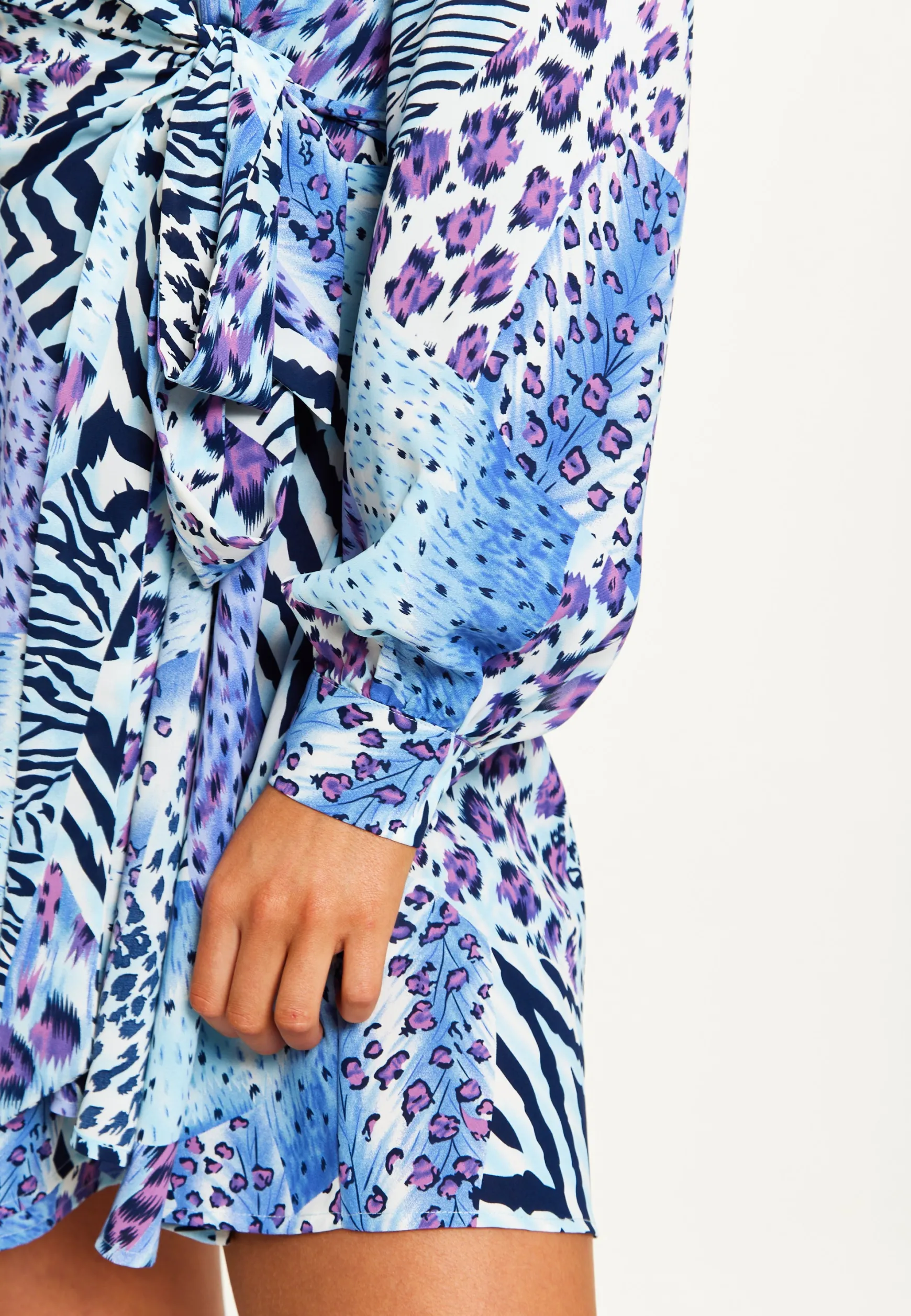 Women's Mini Dress in Blue with Long Sleeves and Mixed Animal Print Wrap Design - Liquorish