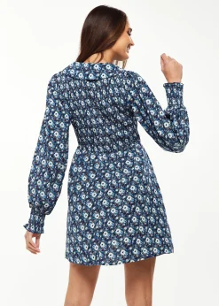 Women's Mini Dress in Blue with Balloon Sleeves and Peter Pan Collar - Floral Print Smock Design by Liquorish
