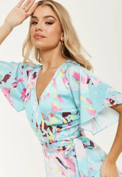 Women's Mini Dress in Blue with Short Sleeves, Abstract Print Wrap Style, Elegant Tie Waist - Liquorish