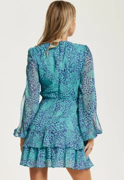 Women's Mini Dress in Blue with Long Sleeves and Knot Front Detail - Stunning Leopard Print by Liquorish