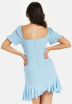 Women's Mini Dress in Blue with Polka Dot Print and Frill Detail