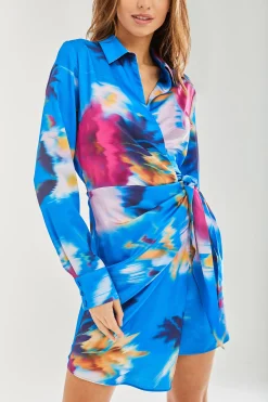 Women's Mini Dress in Blue Floral Satin with Long Sleeves and Waist Tie - Stylish Wrap Design by Liquorish