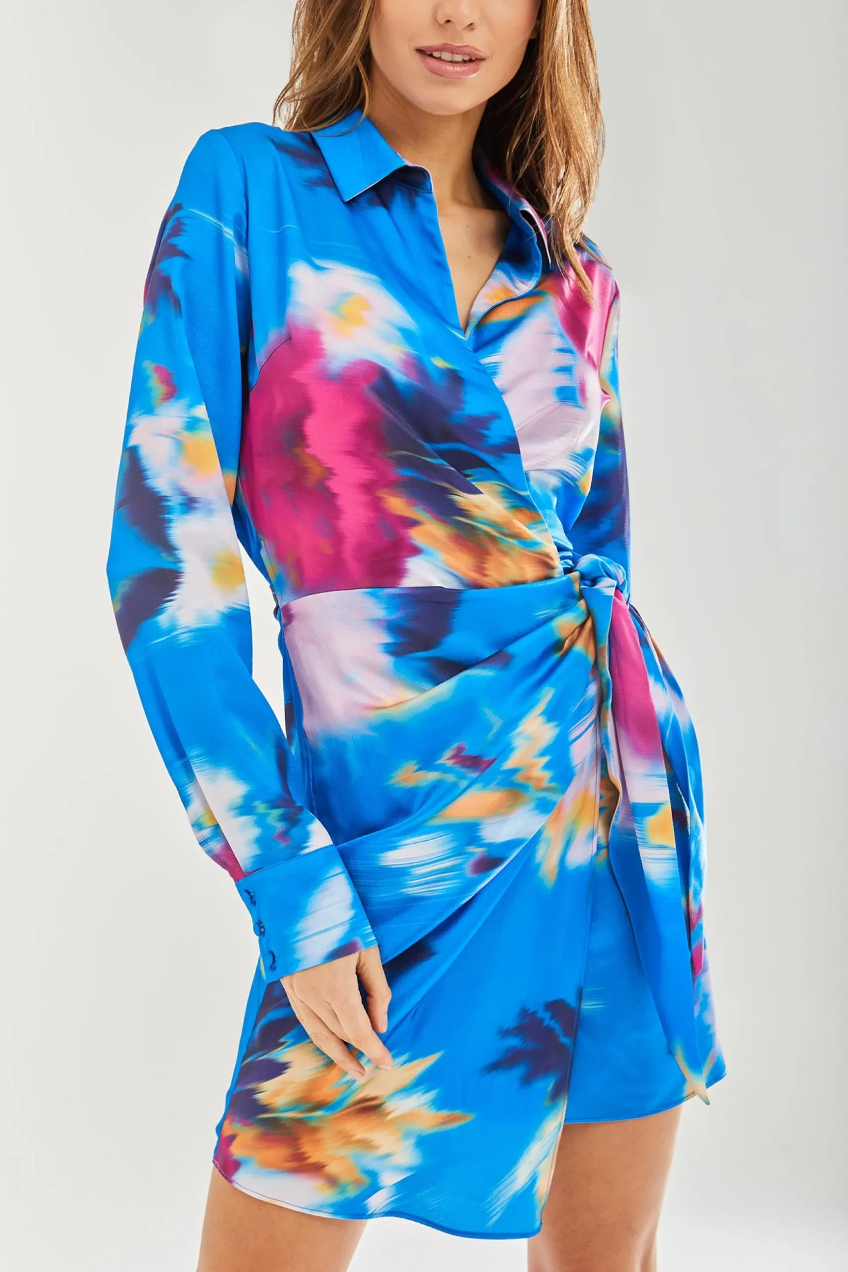 Women's Mini Dress in Blue Floral Satin with Long Sleeves and Waist Tie - Stylish Wrap Design by Liquorish