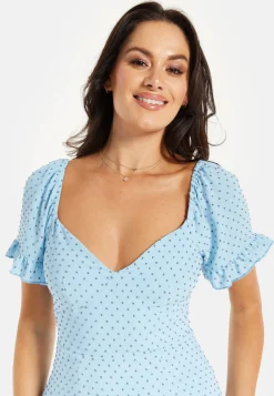 Women's Mini Dress in Blue with Polka Dot Print and Frill Detail