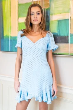 Women's Mini Dress in Blue with Polka Dot Print and Frill Detail