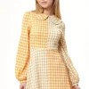 Women's Mini Dress in Bold Orange Check with Long Sleeves and Classic Collar - Liquorish