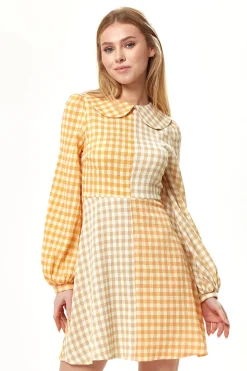 Women's Mini Dress in Bold Orange Check with Long Sleeves and Classic Collar - Liquorish
