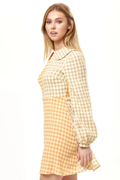 Women's Mini Dress in Bold Orange Check with Long Sleeves and Classic Collar - Liquorish