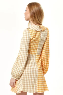 Women's Mini Dress in Bold Orange Check with Long Sleeves and Classic Collar - Liquorish