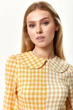 Women's Mini Dress in Bold Orange Check with Long Sleeves and Classic Collar - Liquorish