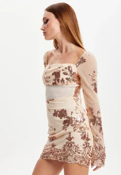 Women's Mini Dress in Champagne with Long Sleeves and Sequin Finish by Liquorish