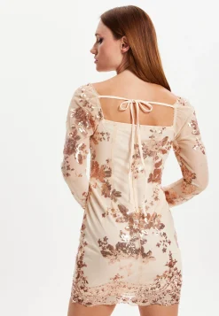 Women's Mini Dress in Champagne with Long Sleeves and Sequin Finish by Liquorish