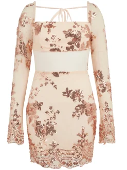 Women's Mini Dress in Champagne with Long Sleeves and Sequin Finish by Liquorish