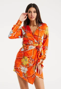 Women's Mini Dress in Checked Floral Print with Long Sleeves and Wrap Style – Stylish Elegance by Liquorish