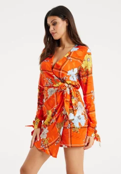 Women's Mini Dress in Checked Floral Print with Long Sleeves and Wrap Style – Stylish Elegance by Liquorish