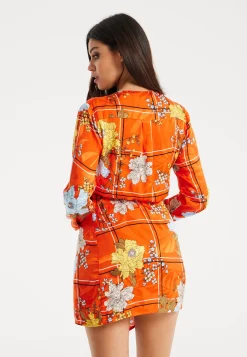 Women's Mini Dress in Checked Floral Print with Long Sleeves and Wrap Style – Stylish Elegance by Liquorish