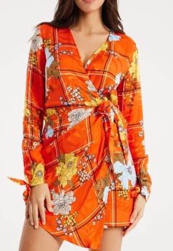 Women's Mini Dress in Checked Floral Print with Long Sleeves and Wrap Style – Stylish Elegance by Liquorish