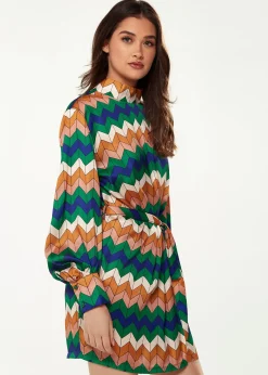 Women's Mini Dress in Cool Tones with Puffy Sleeves and Gathered Waist - Exclusive Liquorish