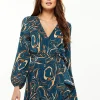 Women's Mini Dress in Dark Green with Long Sleeves and Scribble Print Wrap Style - Liquorish