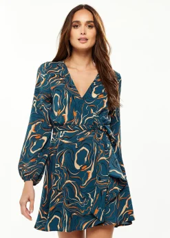 Women's Mini Dress in Dark Green with Long Sleeves and Scribble Print Wrap Style - Liquorish