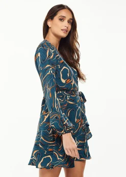 Women's Mini Dress in Dark Green with Long Sleeves and Scribble Print Wrap Style - Liquorish