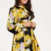 Women's Mini Dress in Earth Tone with Long Balloon Sleeves and Abstract Floral Print - Liquorish