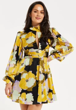 Women's Mini Dress in Earth Tone with Long Balloon Sleeves and Abstract Floral Print - Liquorish