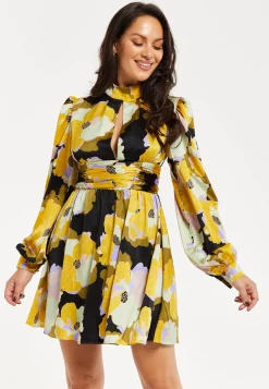 Women's Mini Dress in Earth Tone with Long Balloon Sleeves and Abstract Floral Print - Liquorish