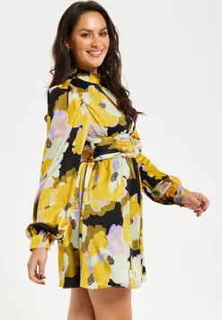 Women's Mini Dress in Earth Tone with Long Balloon Sleeves and Abstract Floral Print - Liquorish