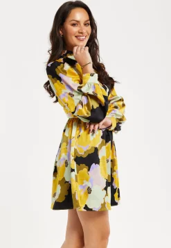 Women's Mini Dress in Earth Tone with Long Balloon Sleeves and Abstract Floral Print - Liquorish