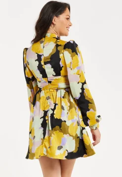 Women's Mini Dress in Earth Tone with Long Balloon Sleeves and Abstract Floral Print - Liquorish
