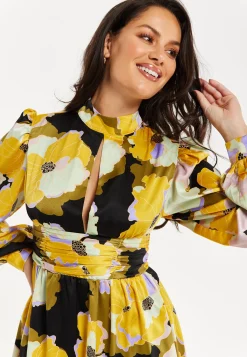 Women's Mini Dress in Earth Tone with Long Balloon Sleeves and Abstract Floral Print - Liquorish