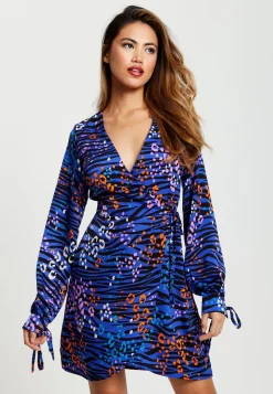 Women's Mini Dress in Electric Blue with Long Balloon Sleeves and Satin Wrap Design - Liquorish