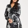 Women's Mini Dress in Eye-Catching Mono Abstract Print, Flattering Wrap Style, Long Sleeves - Liquorish