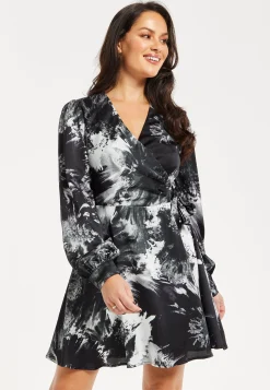 Women's Mini Dress in Eye-Catching Mono Abstract Print, Flattering Wrap Style, Long Sleeves - Liquorish