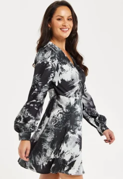 Women's Mini Dress in Eye-Catching Mono Abstract Print, Flattering Wrap Style, Long Sleeves - Liquorish
