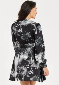 Women's Mini Dress in Eye-Catching Mono Abstract Print, Flattering Wrap Style, Long Sleeves - Liquorish