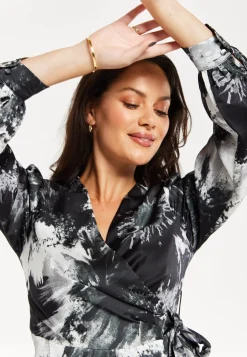 Women's Mini Dress in Eye-Catching Mono Abstract Print, Flattering Wrap Style, Long Sleeves - Liquorish