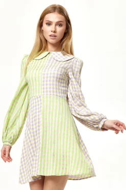 Women's Mini Dress in Green Check with Long Sleeves and Collar - Stylish Elegance by Liquorish