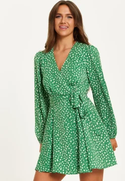 Women's Mini Dress in Green with Long Sleeves, Animal Print Wrap Style - Chic and Flattering by Liquorish