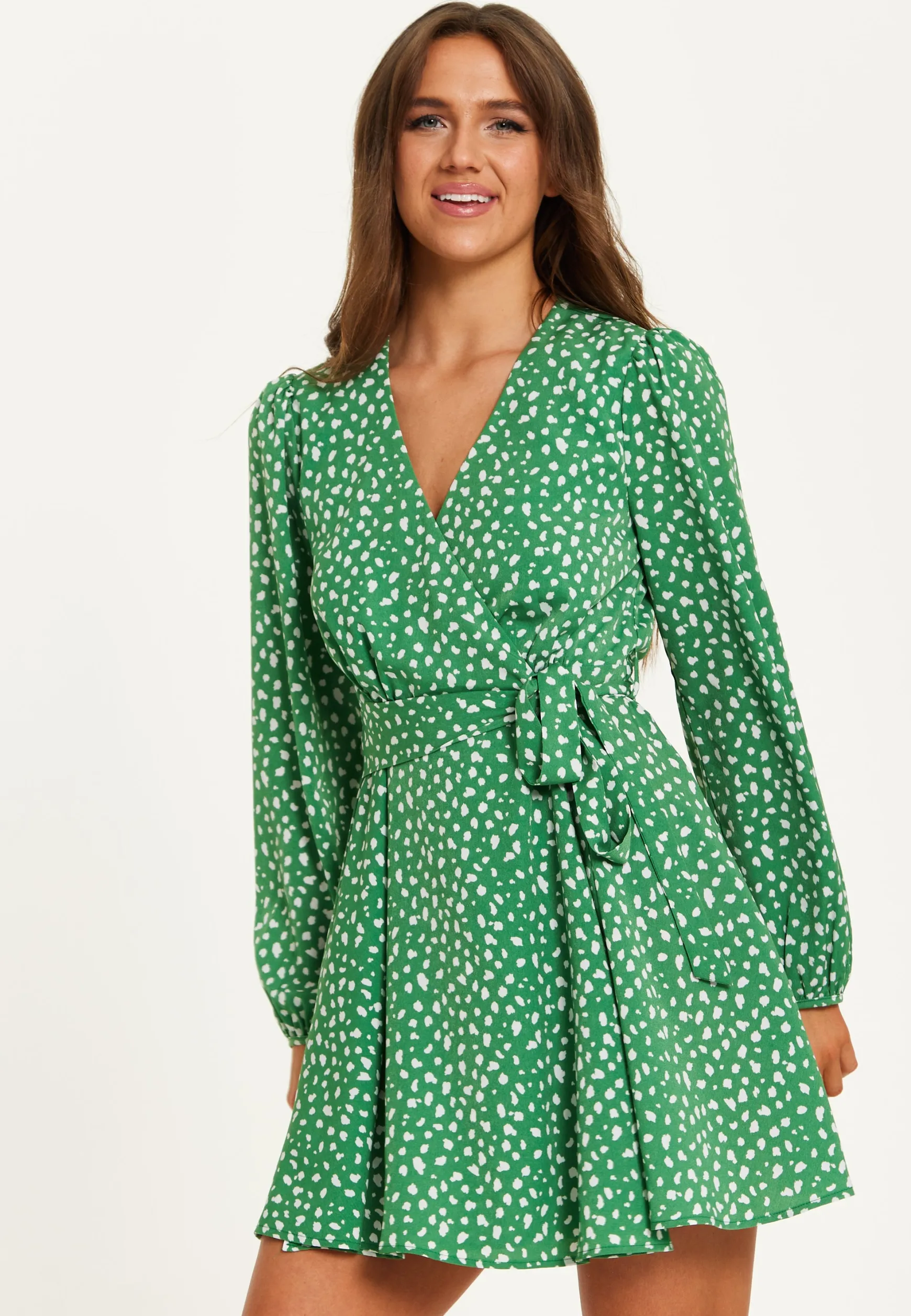 Women's Mini Dress in Green with Long Sleeves, Animal Print Wrap Style - Chic and Flattering by Liquorish