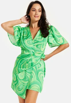 Women's Mini Dress in Green with Short Sleeves, V Neck, Tie Waist, and Wrap Style - Liquorish