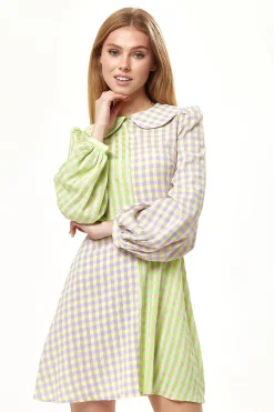 Women's Mini Dress in Green Check with Long Sleeves and Collar - Stylish Elegance by Liquorish