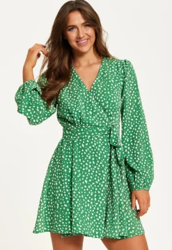 Women's Mini Dress in Green with Long Sleeves, Animal Print Wrap Style - Chic and Flattering by Liquorish