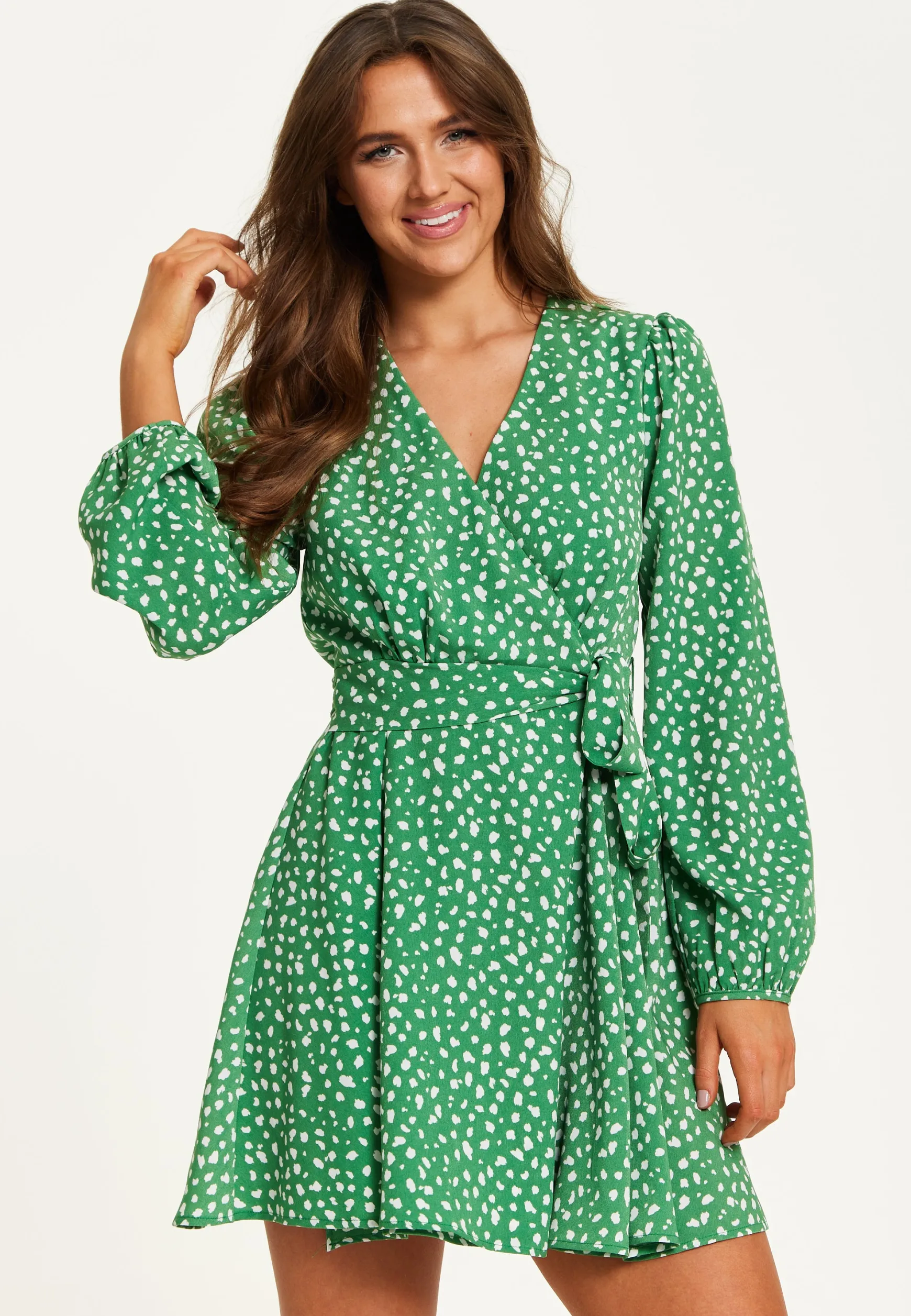 Women's Mini Dress in Green with Long Sleeves, Animal Print Wrap Style - Chic and Flattering by Liquorish