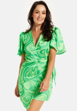 Women's Mini Dress in Green with Short Sleeves, V Neck, Tie Waist, and Wrap Style - Liquorish