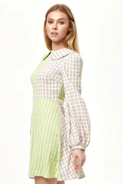 Women's Mini Dress in Green Check with Long Sleeves and Collar - Stylish Elegance by Liquorish